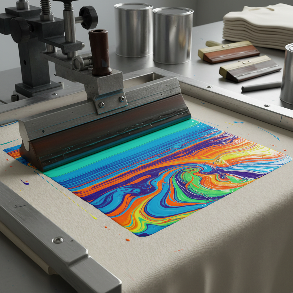 Screen printing process on white t-shirt with colorful ink, professional screen printing studio, dark background