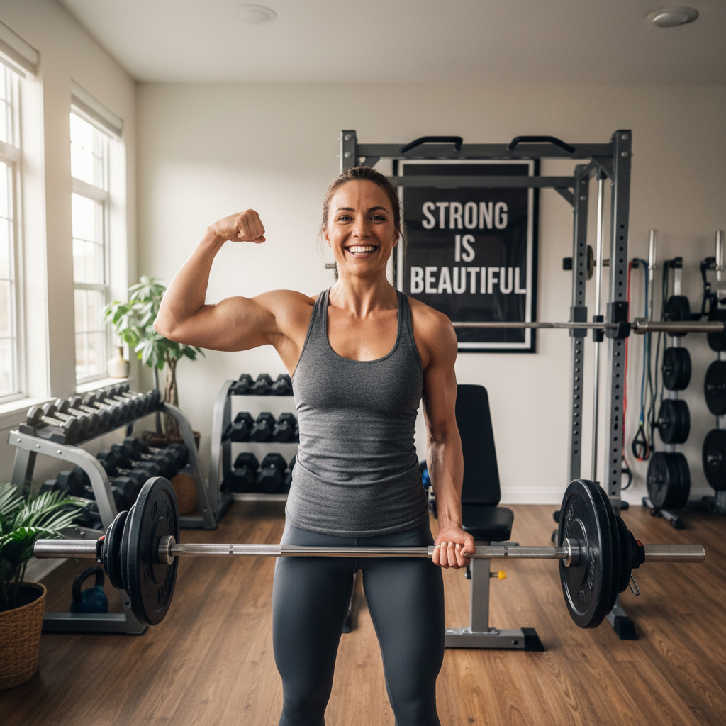 Athletic person celebrating fitness achievement in gym with weights and determination