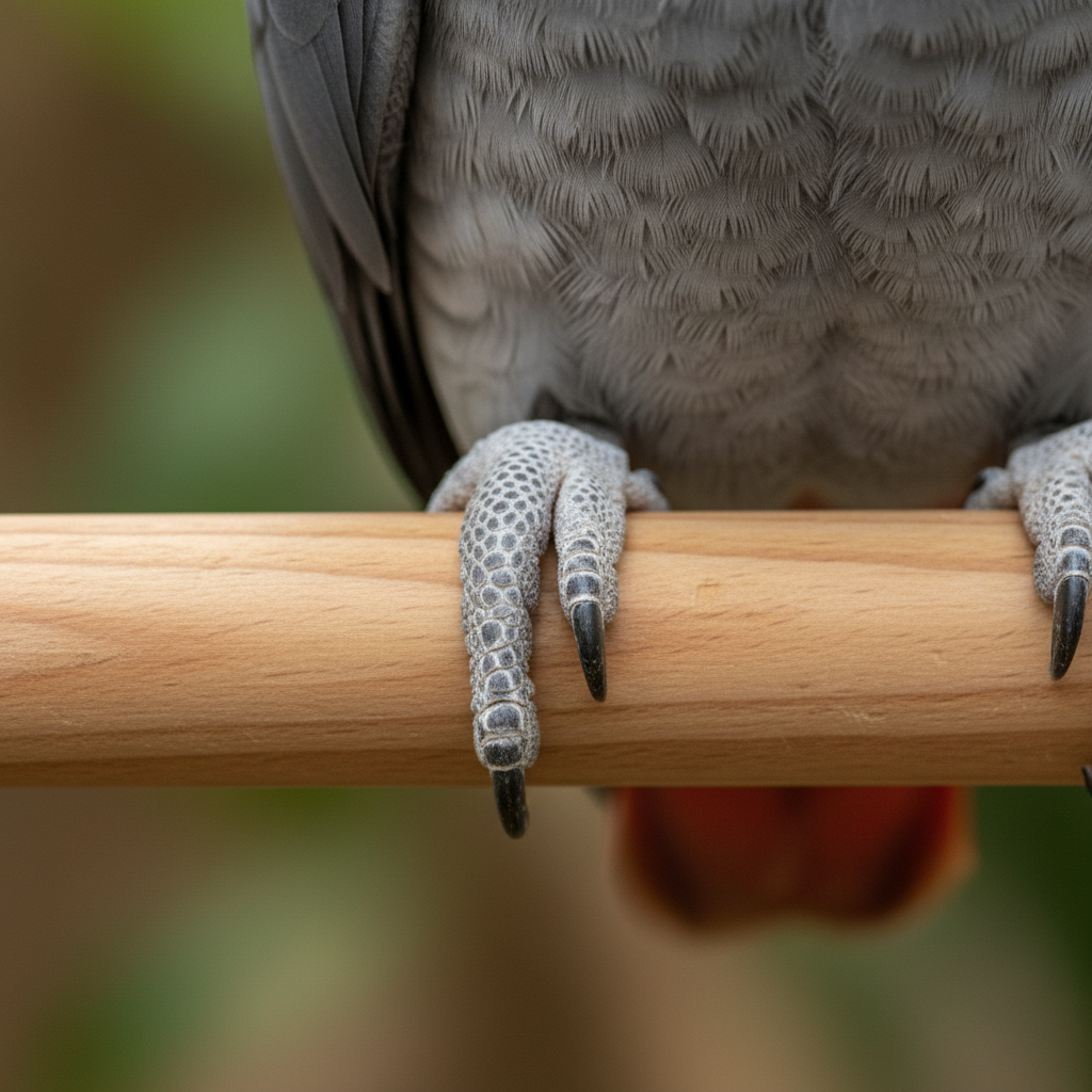 African Grey parrot foot gripping a smooth wooden dowel, grey feathers close-up