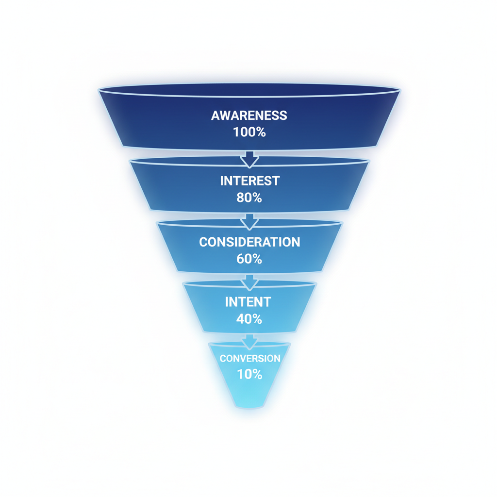 Sales funnel diagram showing conversion rates at each stage with optimization opportunities