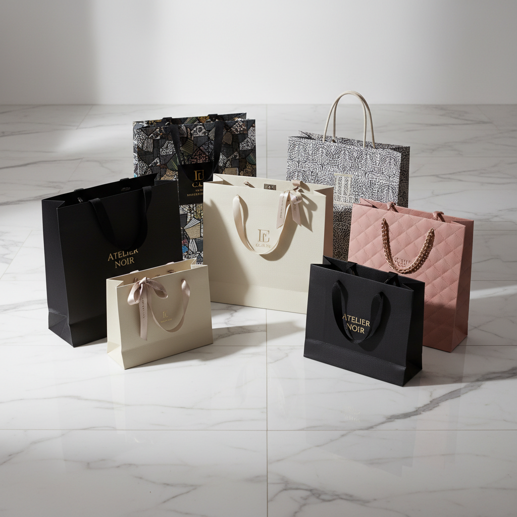 Luxury shopping bags on marble floor — fashion and shopping guide Pinterest template