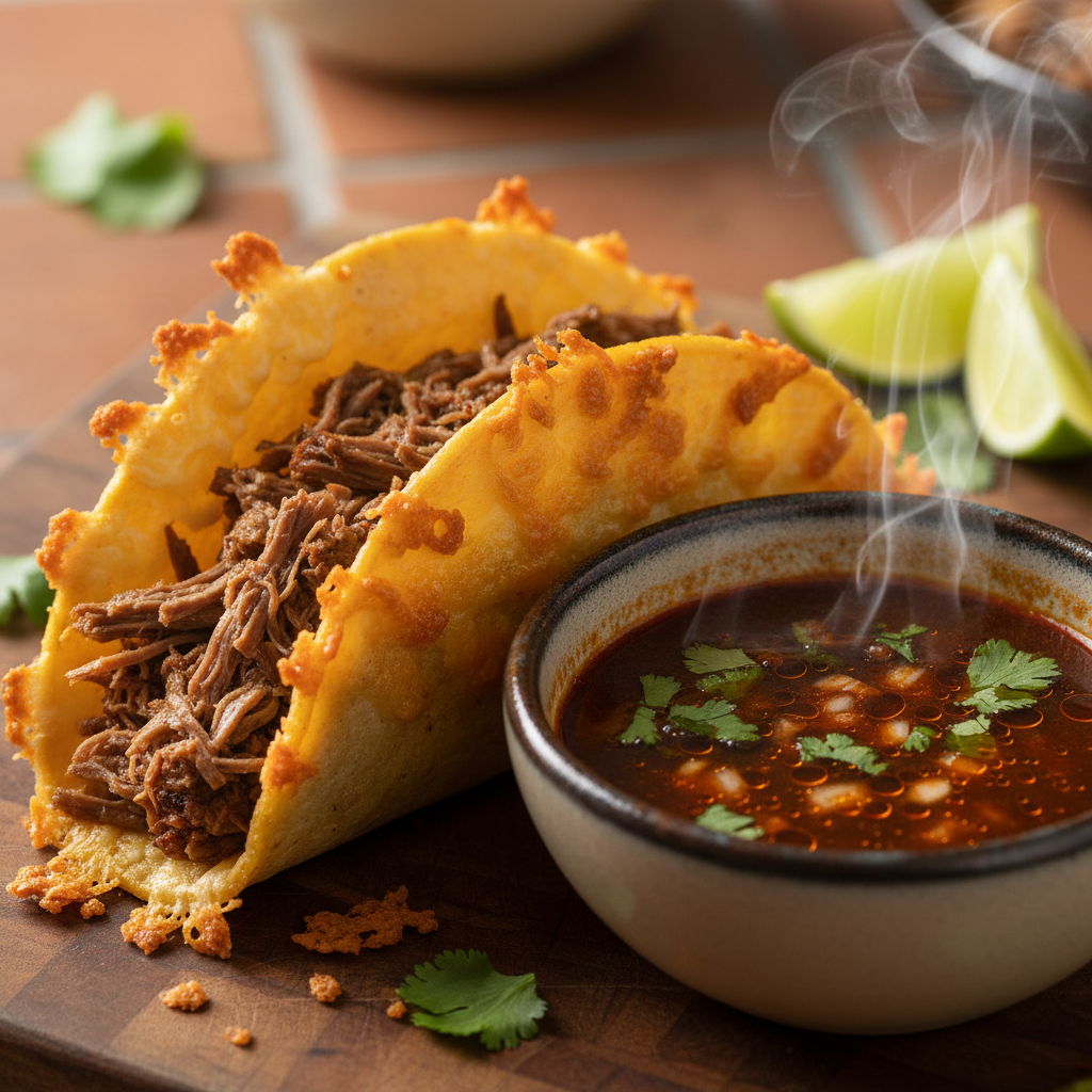 Birria quesataco with crispy cheese edge on corn tortilla with consomme dipping cup alongside