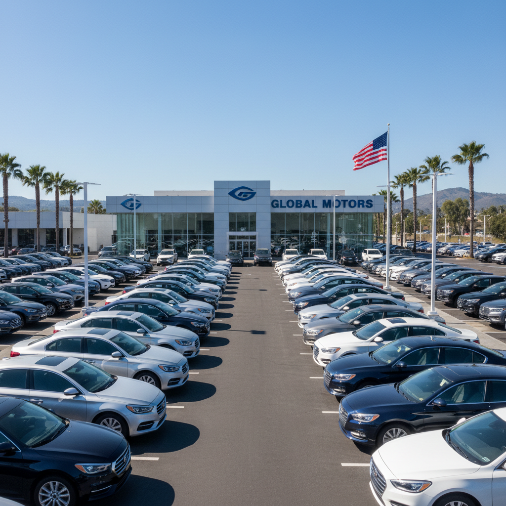 Franchise car dealership exterior with rows of new vehicles on the lot