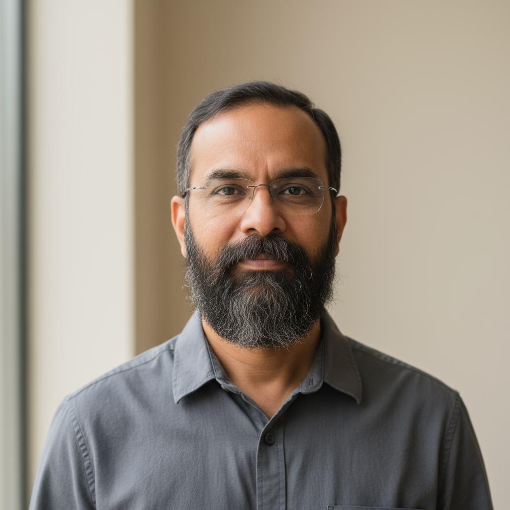 Indian man with glasses and neat beard in casual polo shirt against neutral background
