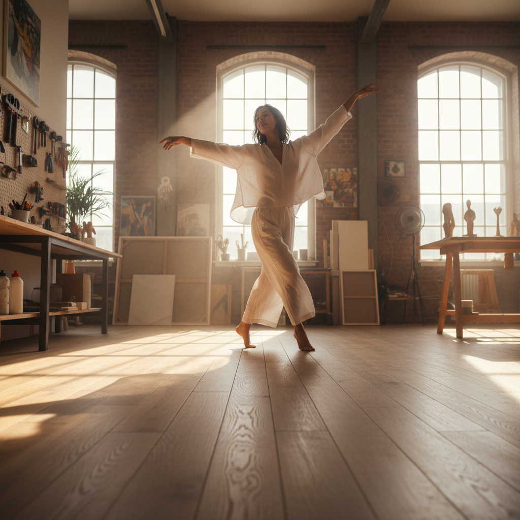 Nomvula mid-movement during a dance workshop, arms extended, feet bare on wood floor