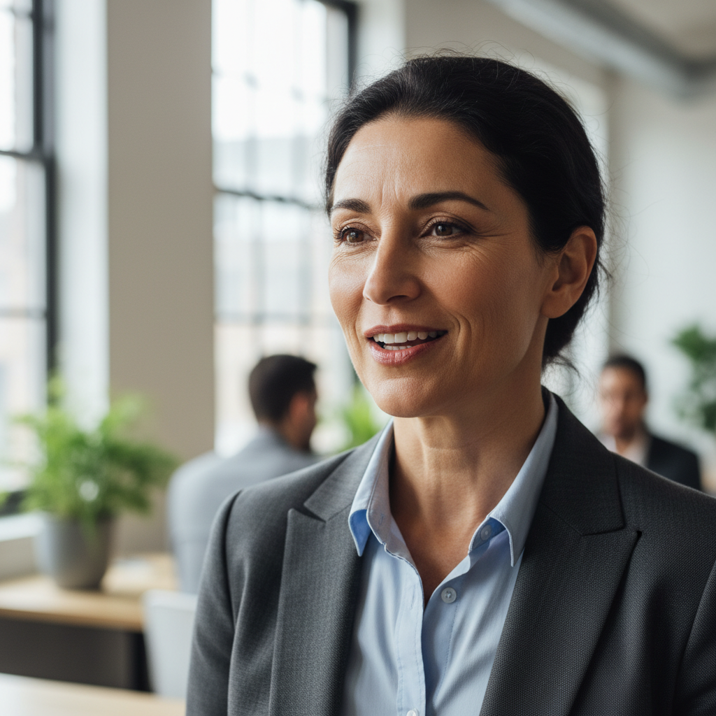 Professional woman in office setting smiling at camera