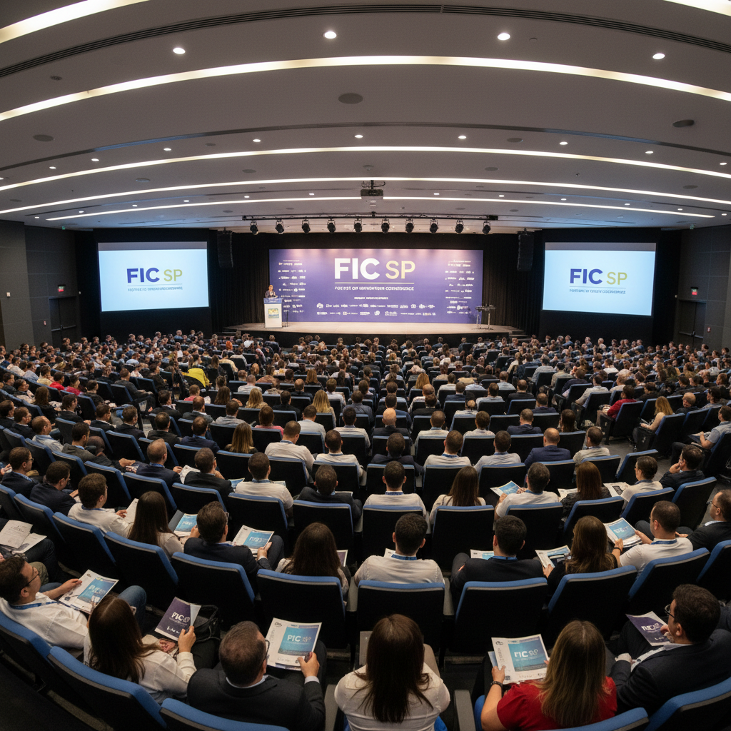 Large conference auditorium with bright stage lighting and packed audience in dark venue