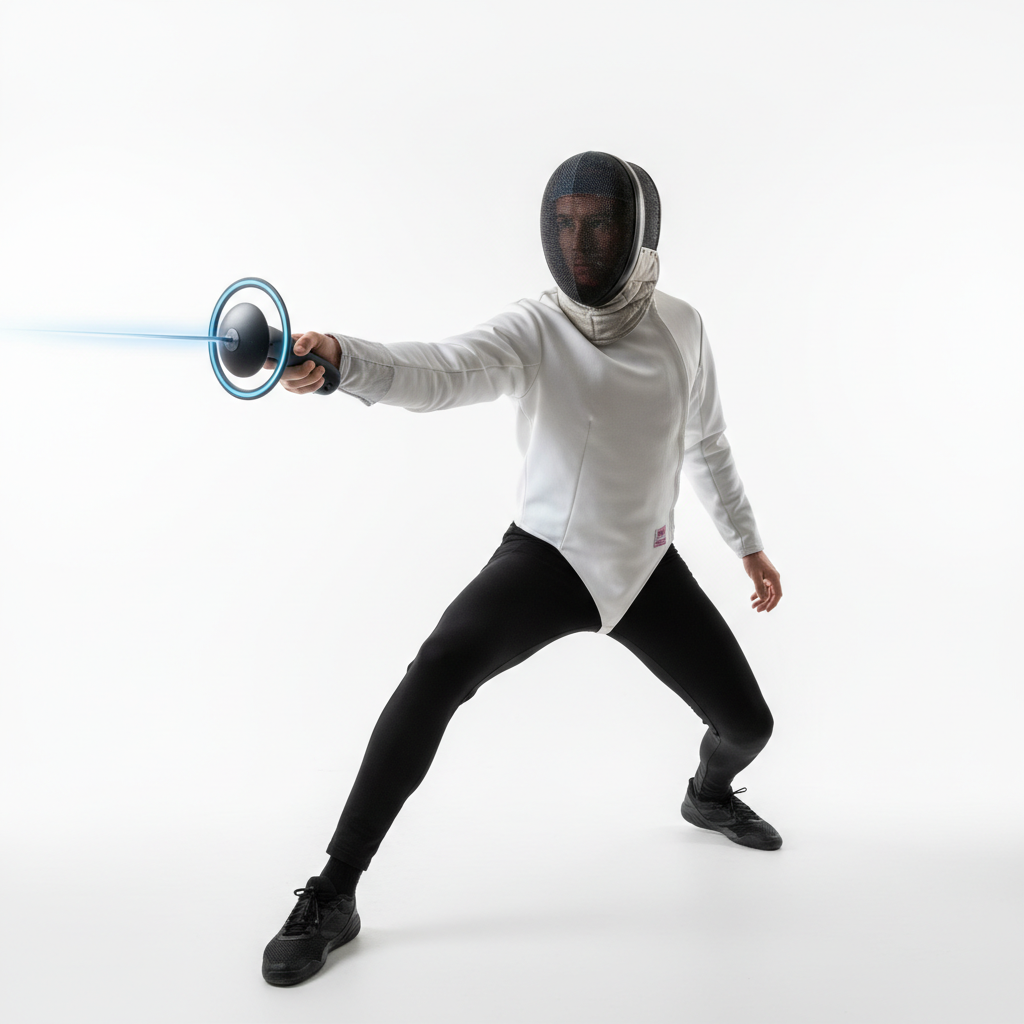 Player in sword-fighting stance with motion-tracked controller raised