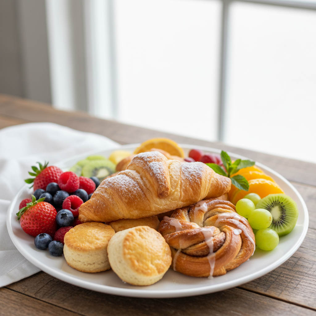 Fresh croissants and pastries on a wooden board in bright natural light, bakery setting