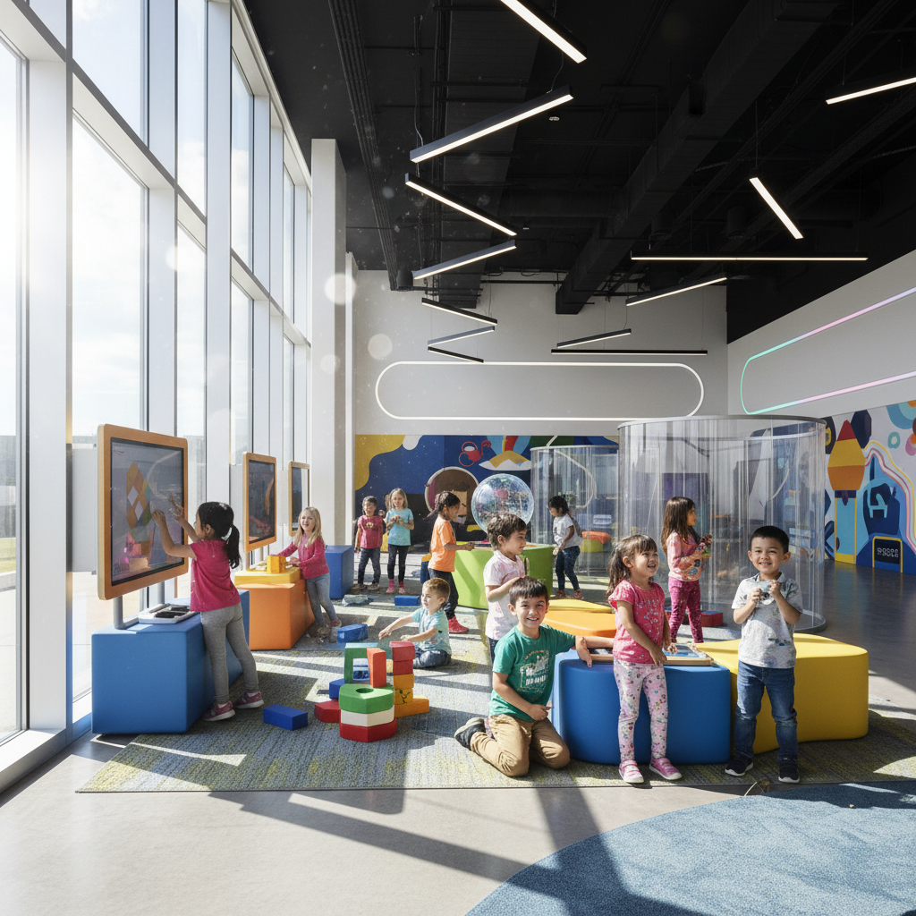 Niños en espacio de aprendizaje creativo y colorido