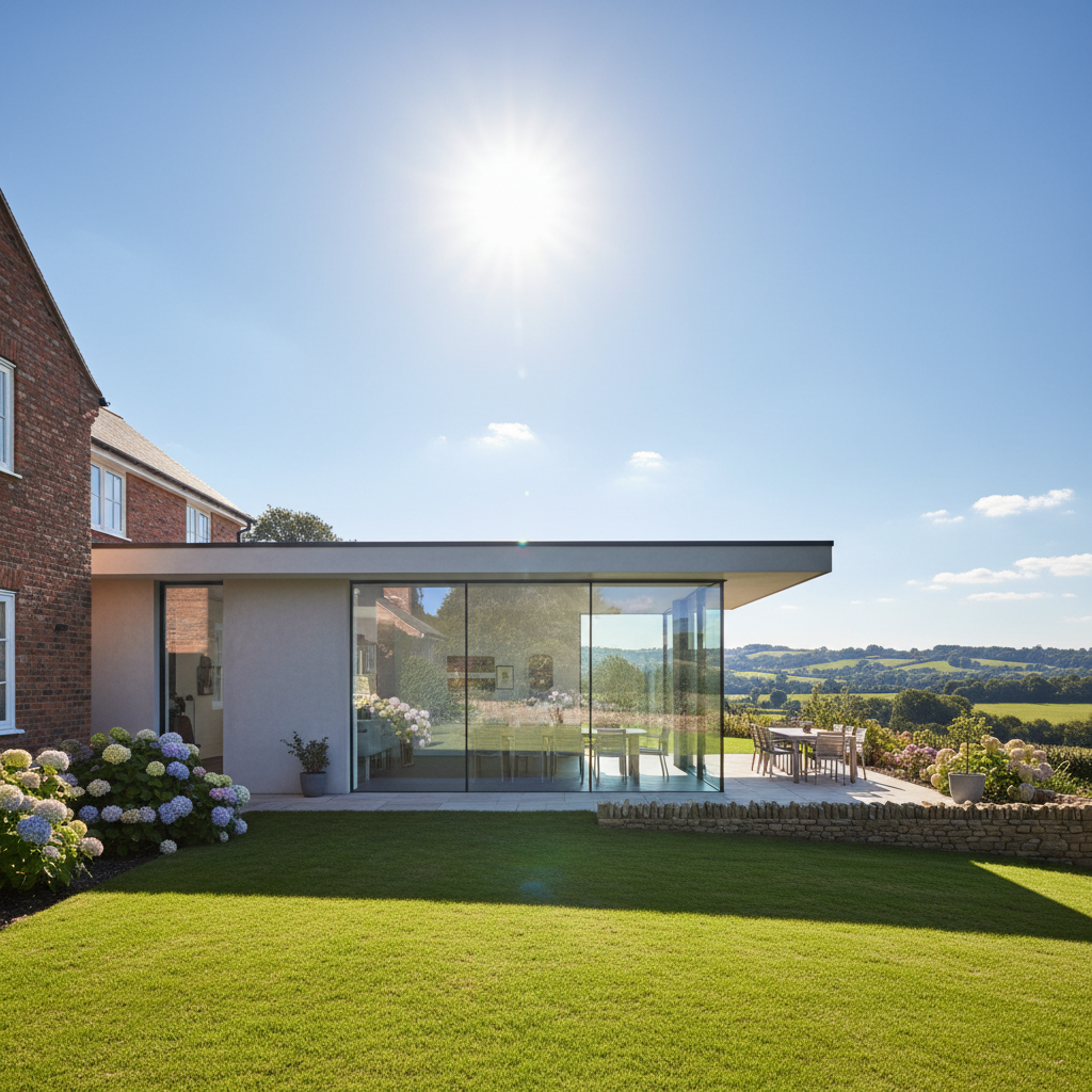House extension in Macclesfield by J & L Building & Design — bright sunny exterior showing new single-storey rear extension with large windows