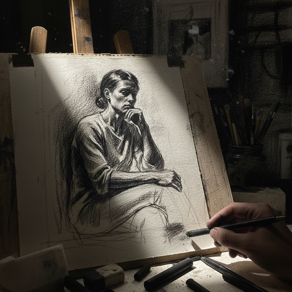 Charcoal drawing session with dramatic light and shadow on textured paper