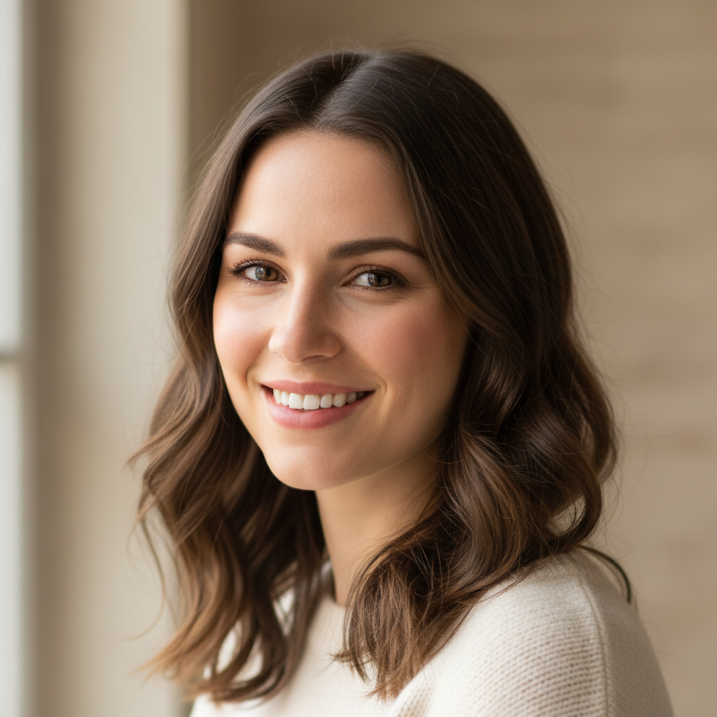 Professional headshot of Sarah Mitchell, woman with shoulder-length brown hair in navy blazer
