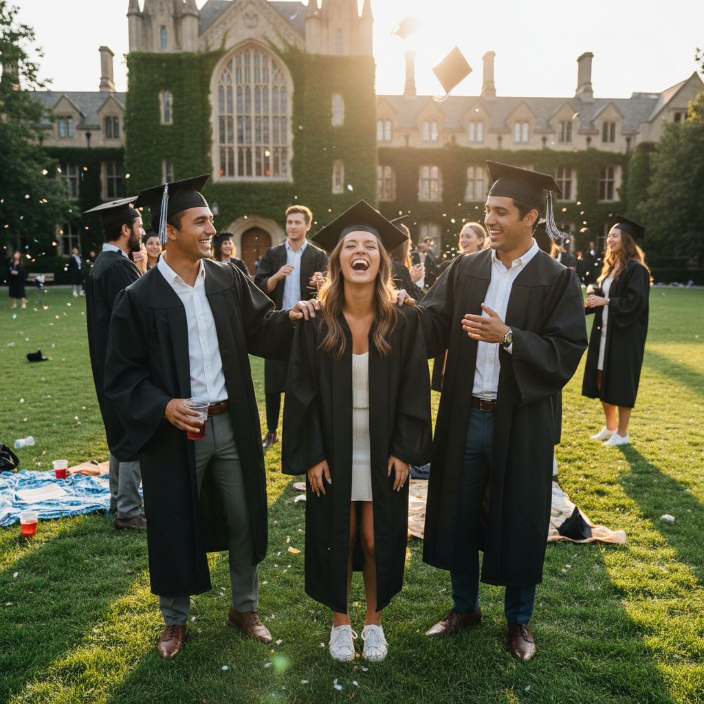 College campus corridor with students celebrating and laughing