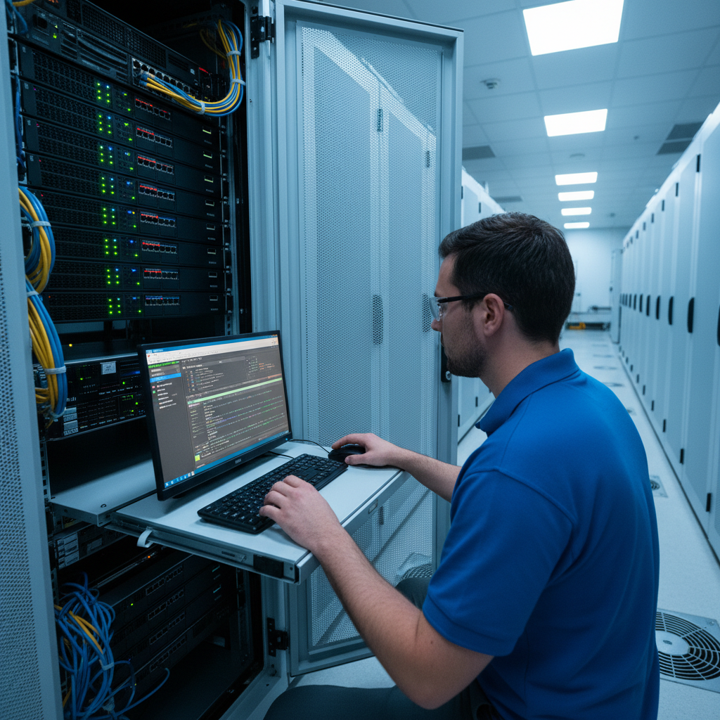 Expert network engineer configuring server rack and enterprise networking equipment