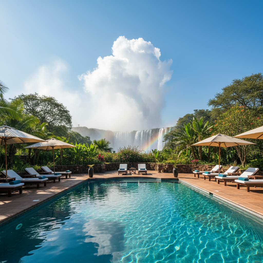 Ilala Lodge pool terrace with view of Victoria Falls spray in background