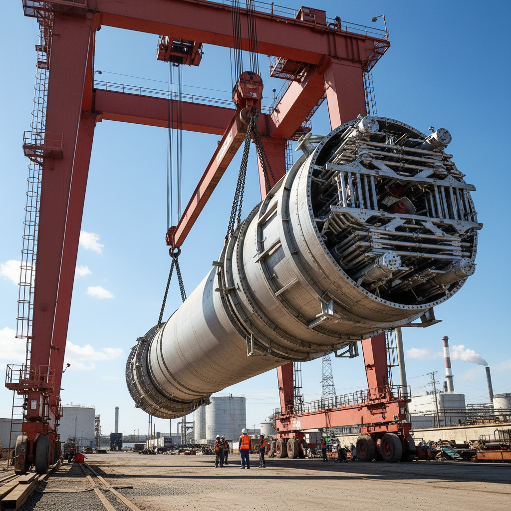Heavy industrial heat exchanger being lifted by crane at a petroleum refinery during a scheduled turnaround
