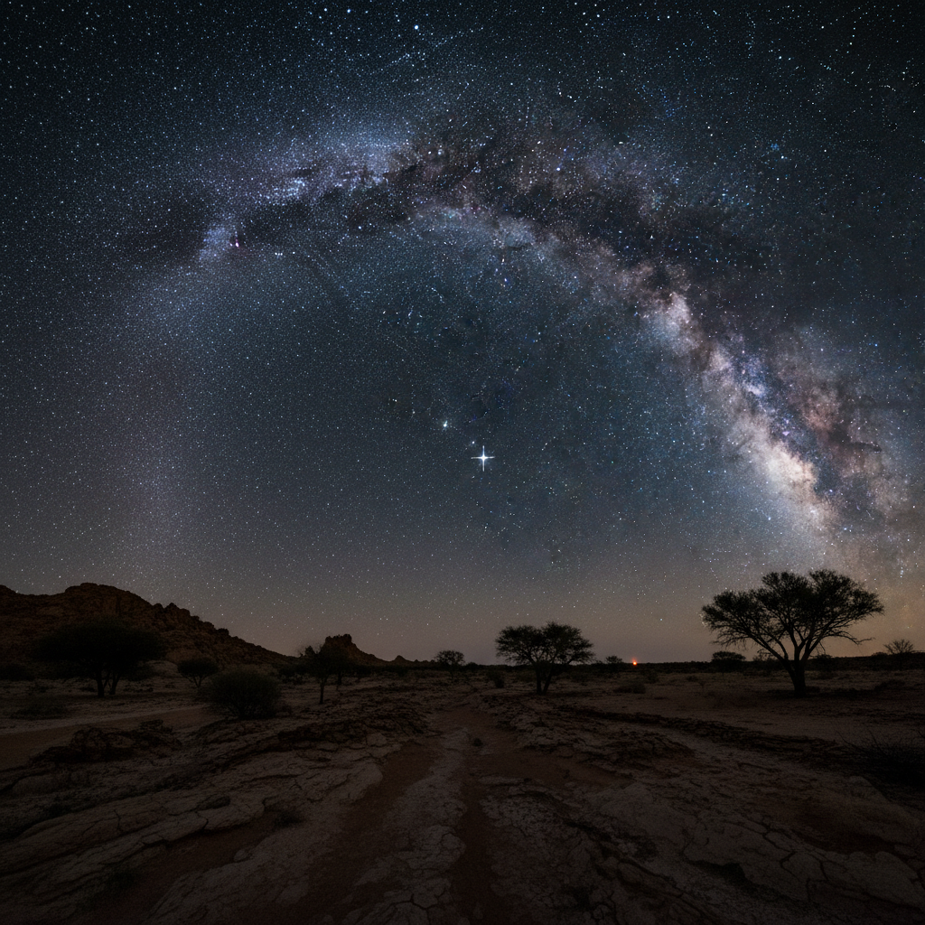 Australian outback under the Milky Way with red earth and eucalyptus silhouettes, Northern Territory