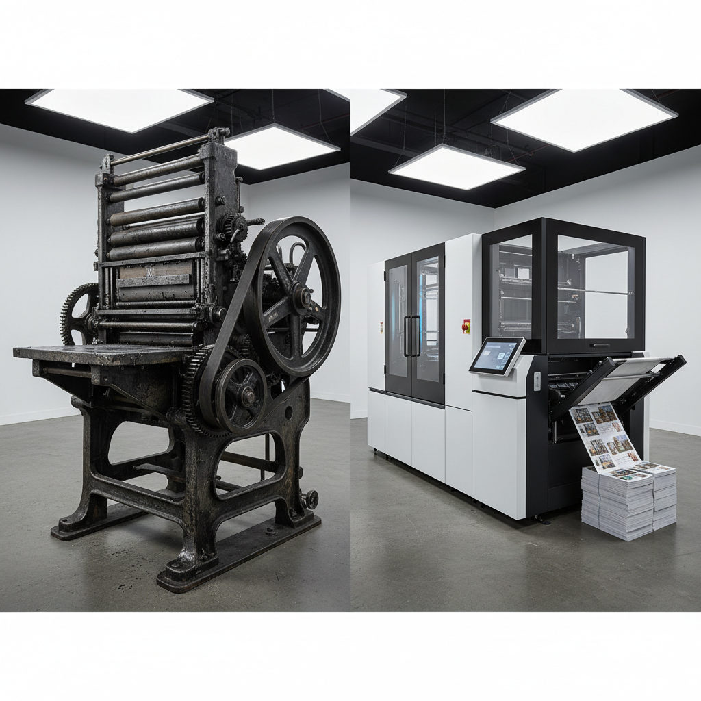 Bright modern print workshop with a technician checking color proofs against a light table in a clean white studio