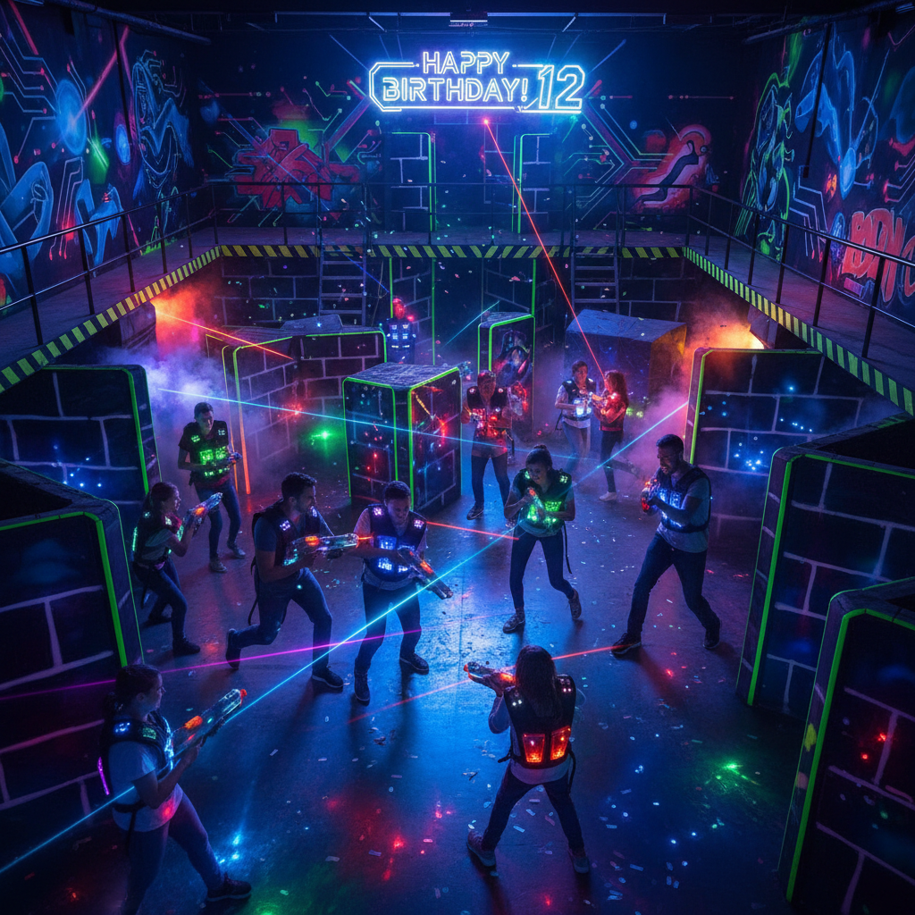 Large group birthday party in laser tag arena, colorful lights, everyone wearing vests