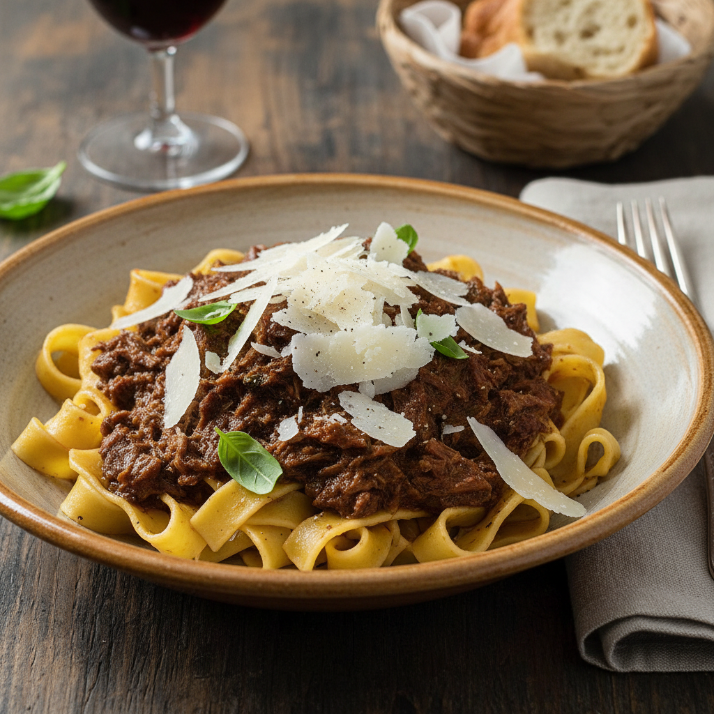 Wide pappardelle pasta ribbons with dark wild boar ragu sauce in a rustic bowl