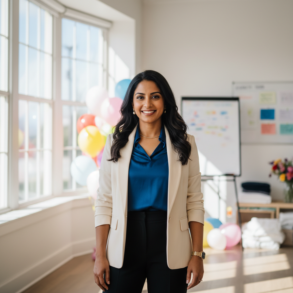 Priya Nair, South Asian woman in professional attire, Chicago event planner