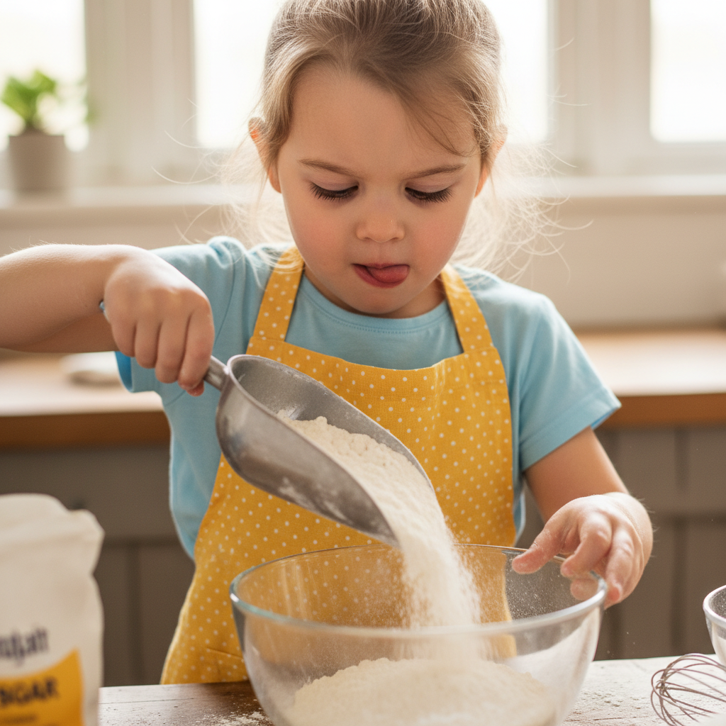 Young girl in yellow apron carefully measuring flour into a bowl, tongue out in concentration