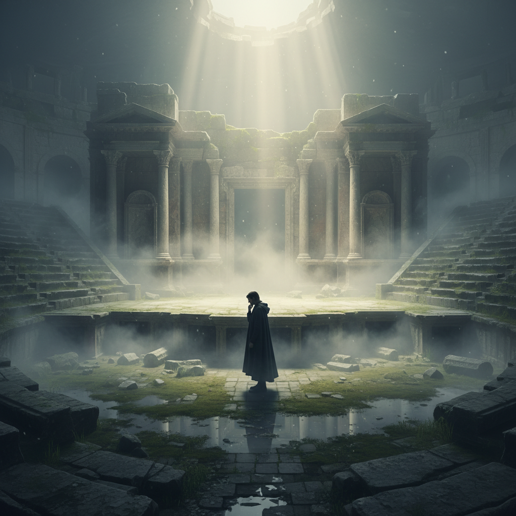 Cinematic still of a lone figure standing in misty light in a grand theater