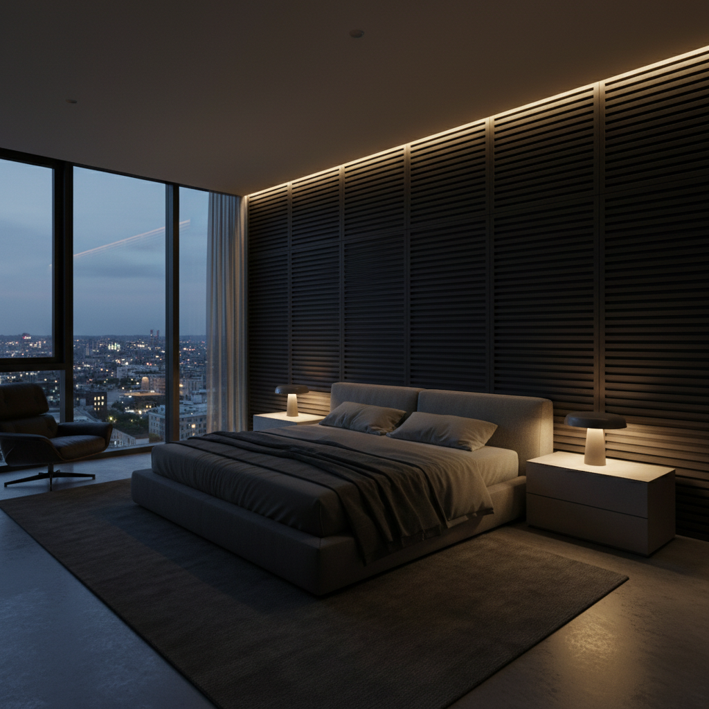 Penthouse interior with dark walls, warm recessed lighting, modern minimal furniture in deep shadow