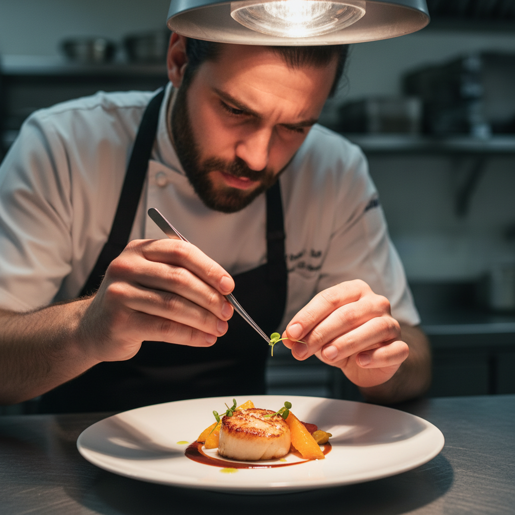 Chef plating a dish with careful attention in the open kitchen