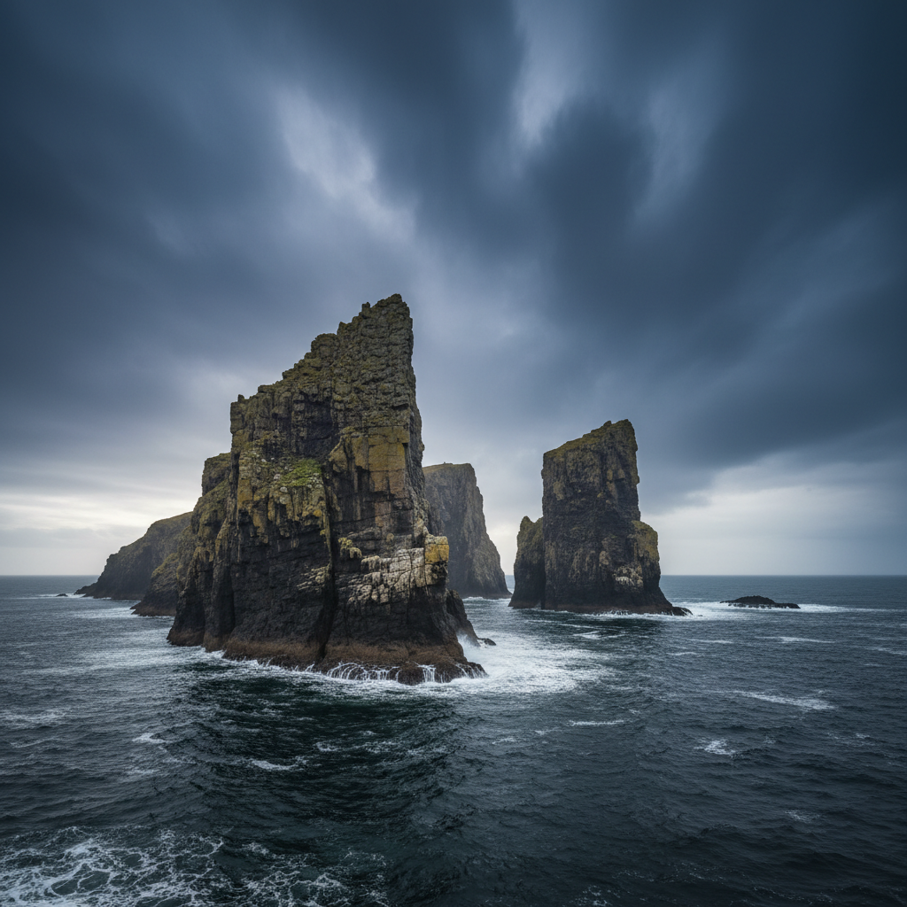 Dramatic sea stacks of Duncansby Head rising from dark North Sea waters under a stormy sky