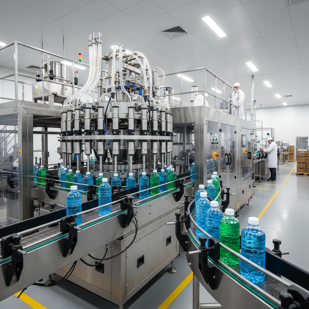 Automated beverage bottling and packaging line in factory, bottles moving on conveyor belt, industrial filling equipment