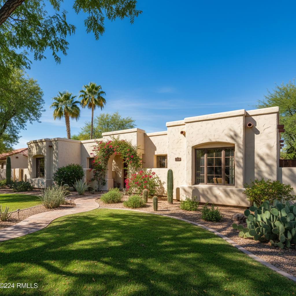 McCormick Ranch Scottsdale home with mature landscaping, painted stucco exterior, and well-maintained appearance