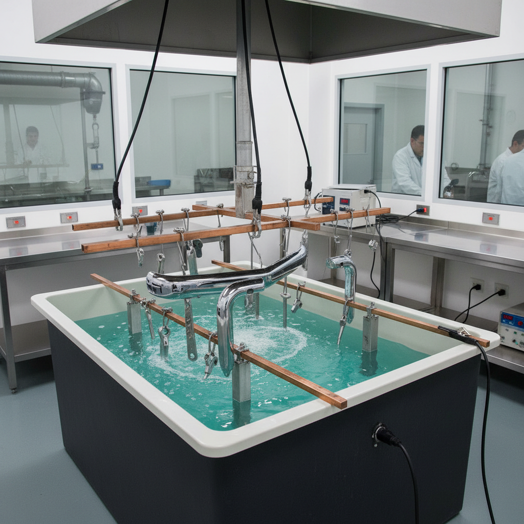 Industrial cleaning tank with metal parts in alkaline solution for electroplating preparation