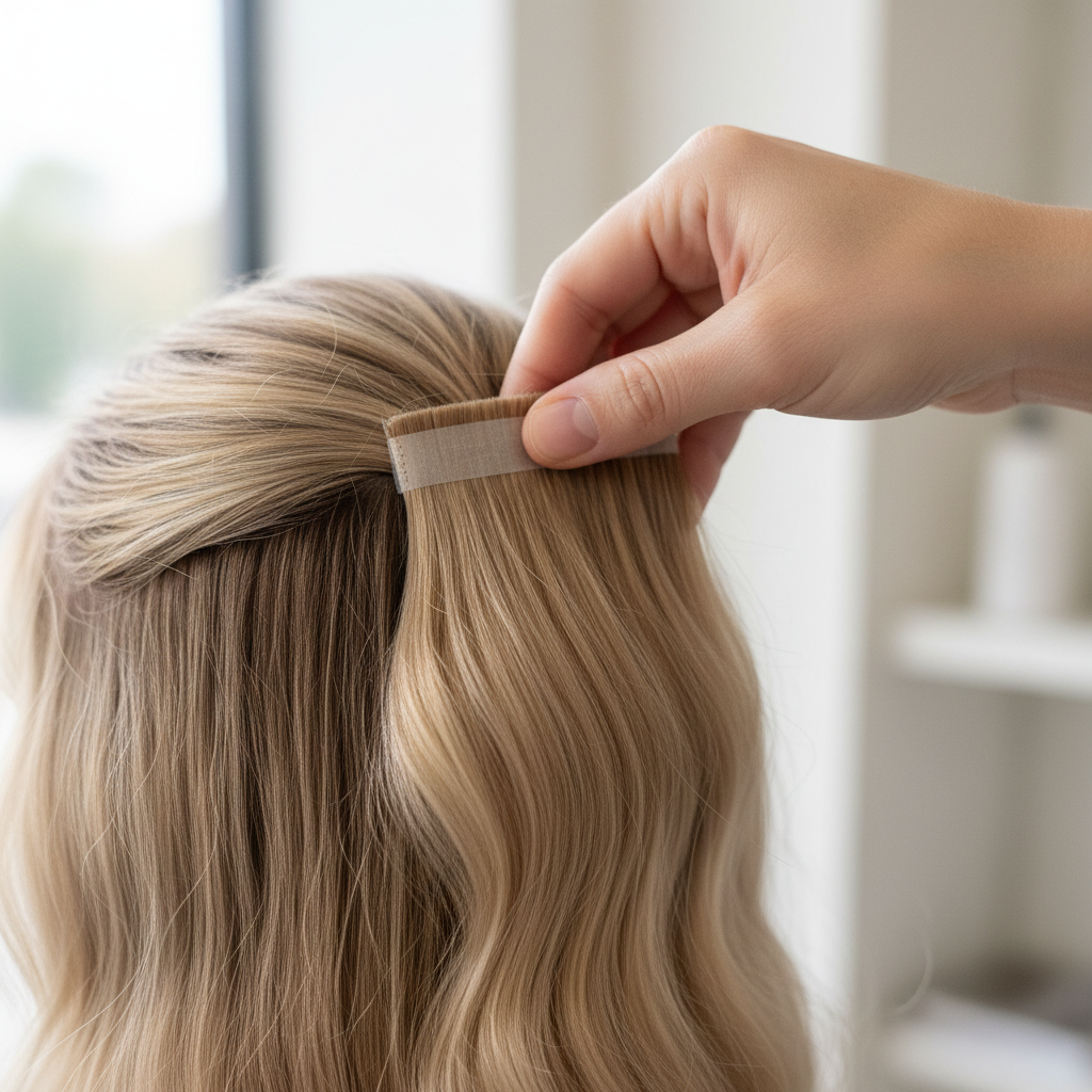 Hair extensions application with natural-looking results in elegant salon setting