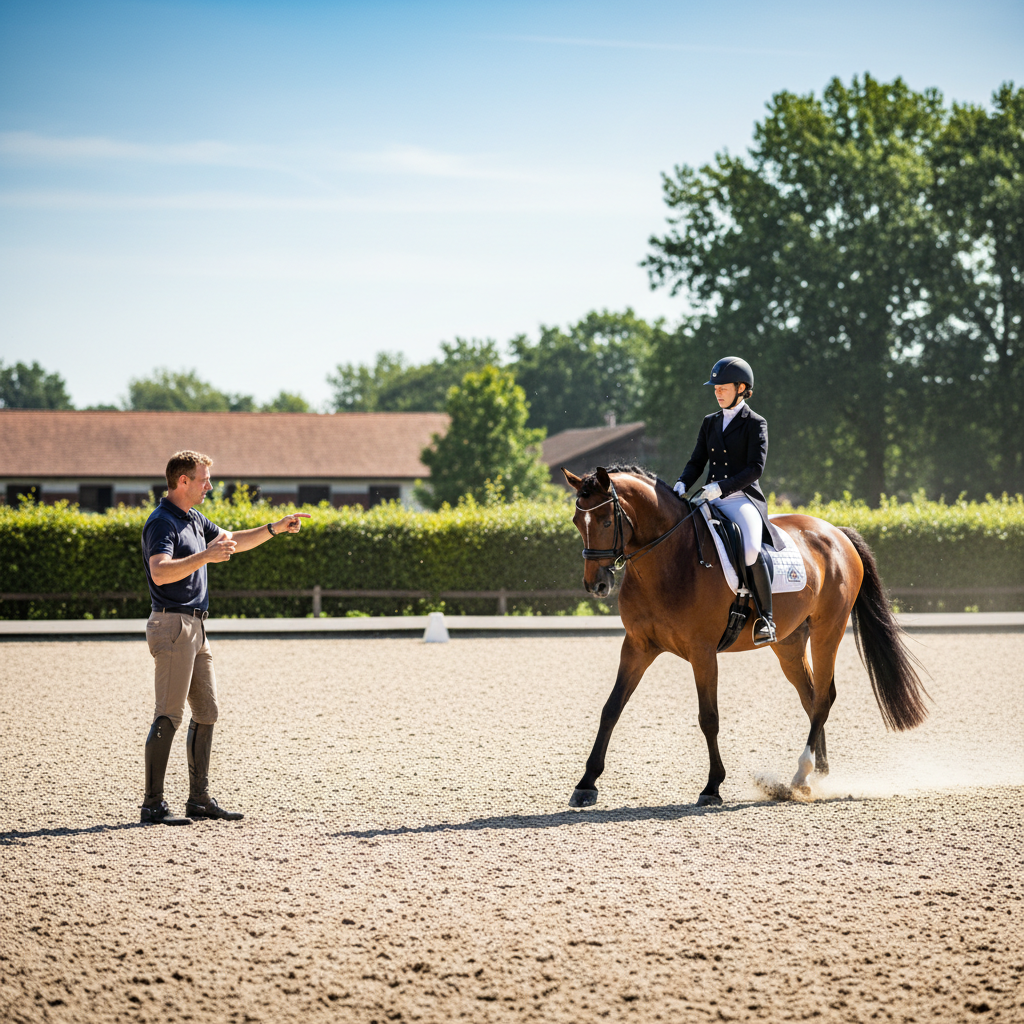 Elegant dressage horse performing a collected trot in a sand arena