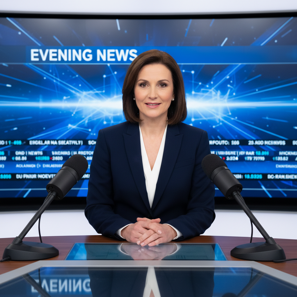 News anchor at desk reporting breaking news on television broadcast