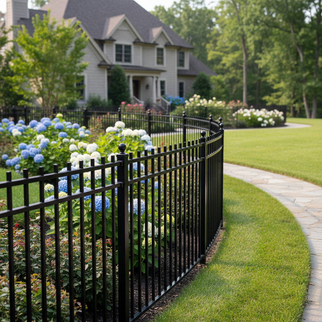 Gard metalic negru cu panouri decorative pentru proprietăți rezidențiale