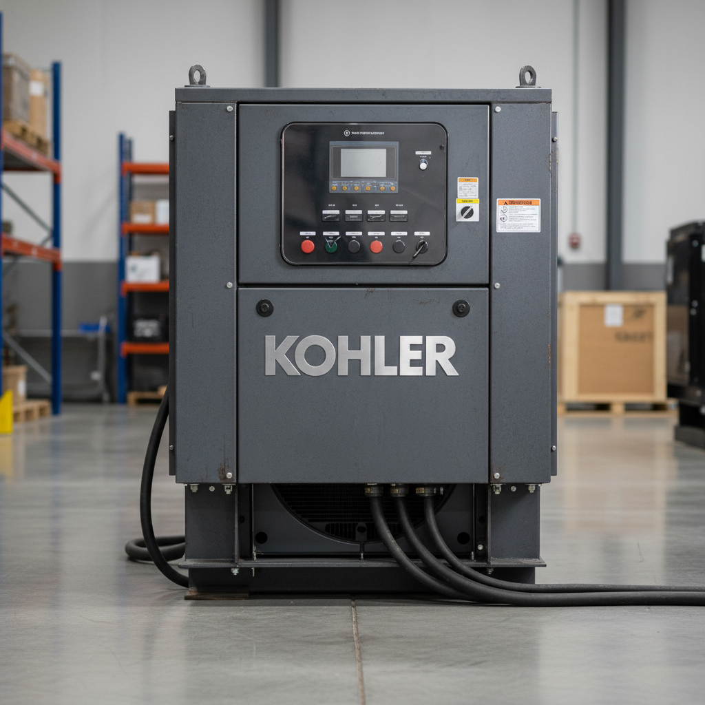 Industrial diesel generator set in container enclosure, dark industrial environment, control panel visible