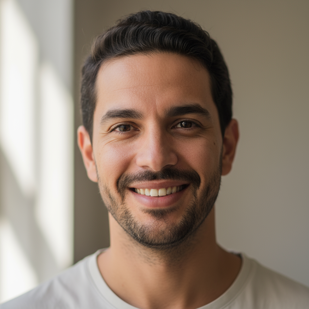 Homem brasileiro sorridente com barba, foto de perfil profissional