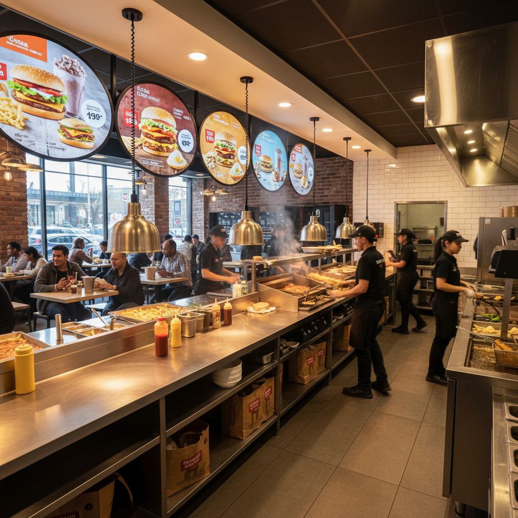 Busy fast food restaurant interior with bright lights, warm tones, energetic staff, dark walls, modern design