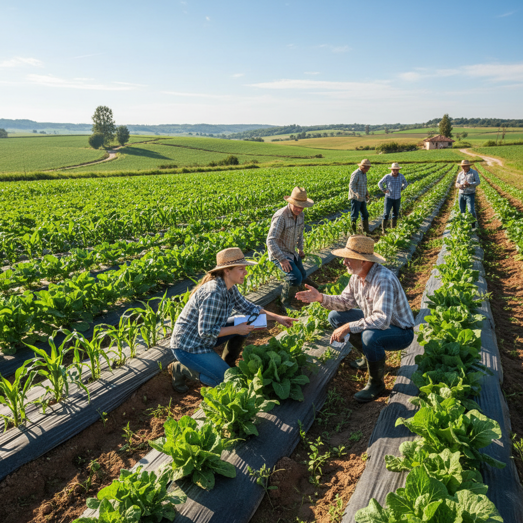 Farmer in lush green field checking crop health, warm sunlight, rich green rows, blue sky