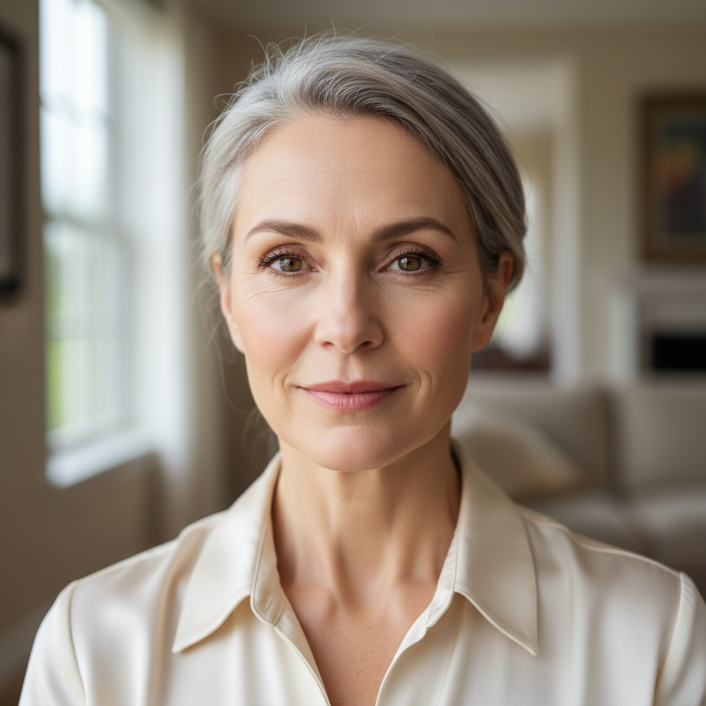 Görünür iz olmadan doğal yüz germe sonuçlarını gösteren pürüzsüz yüz cildine sahip olgun zarif kadın