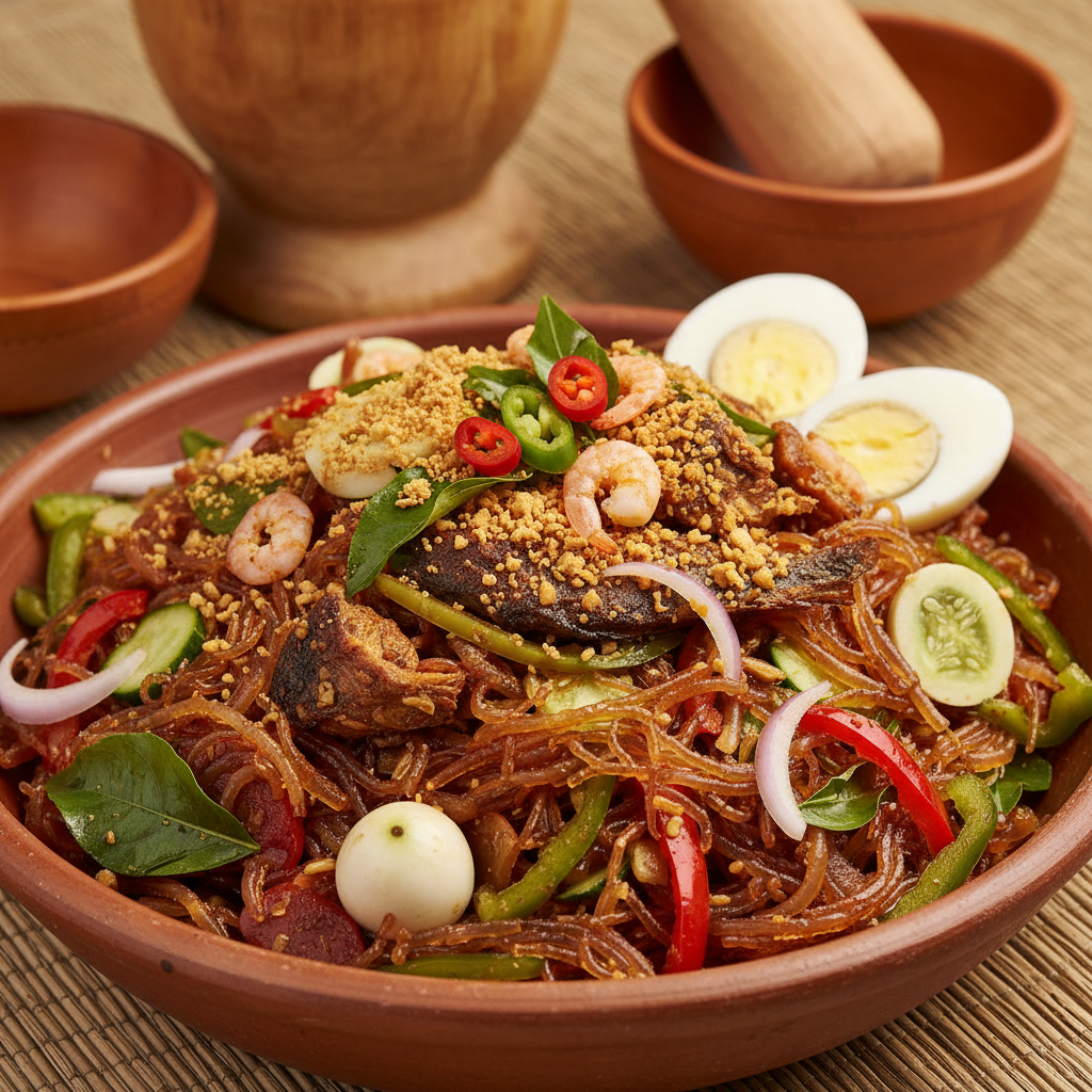 Beautifully plated Nigerian food bowl with vegetables and protein, top view
