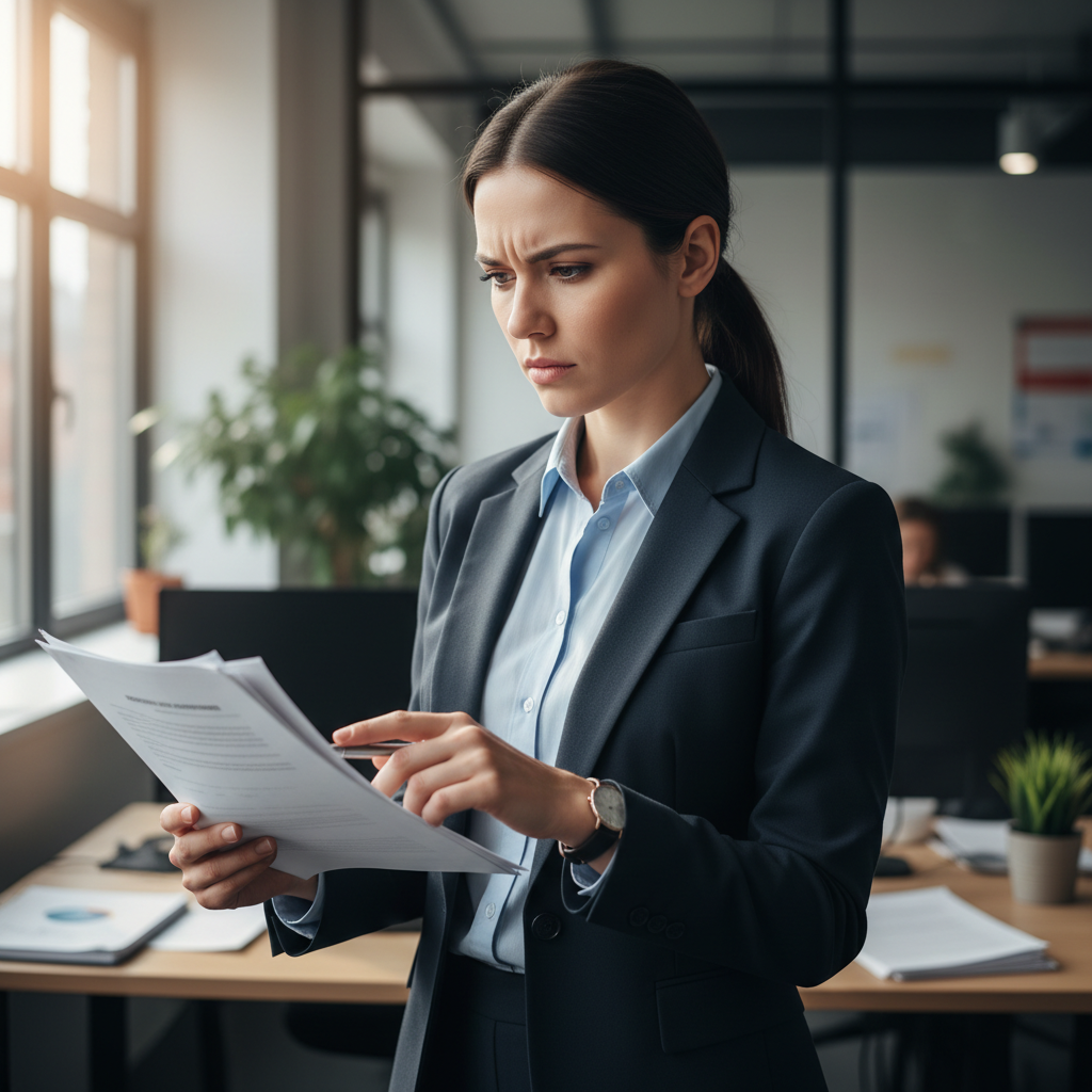 Polished professional in suit reviewing documents, bright clean background, executive lifestyle
