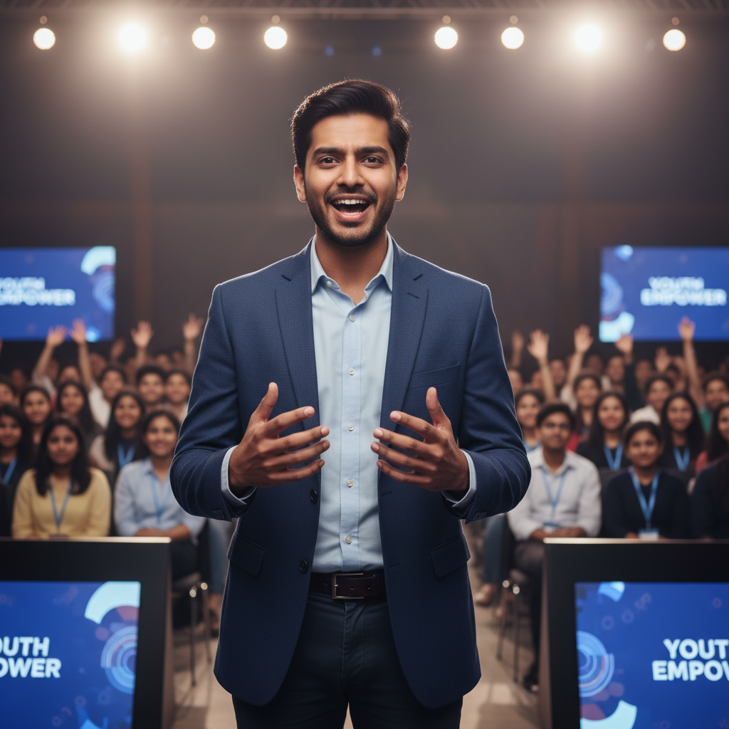 Young Indian entrepreneur in smart casual attire with professional background
