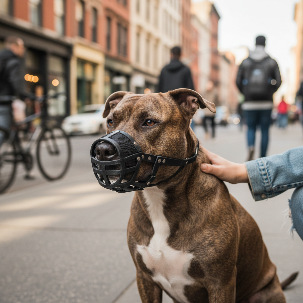 Pit bull mix wearing a muzzle with relaxed body posture sitting beside owner during a training session on a busy sidewalk