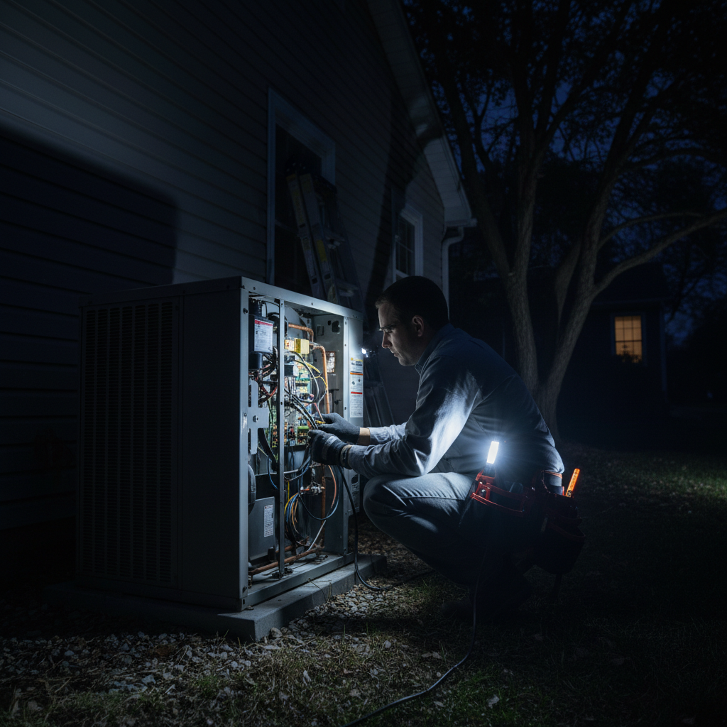Emergency repair crew working urgently on industrial equipment at night, bright work lights, dark warehouse