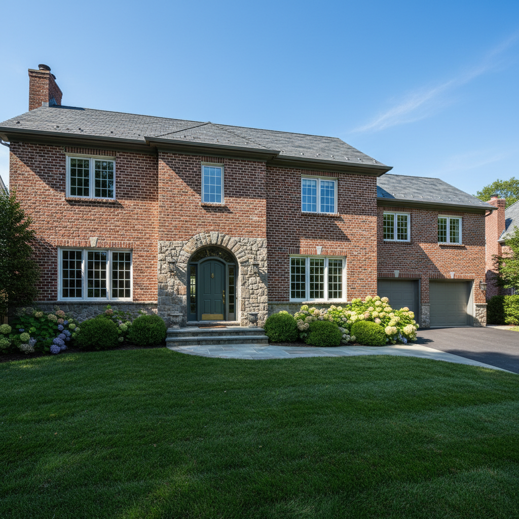 Residential brick home exterior, well-maintained masonry, bright daylight