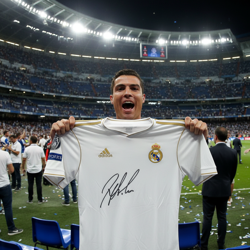 White Real Madrid football jersey laid flat on dark surface with stadium light reflections